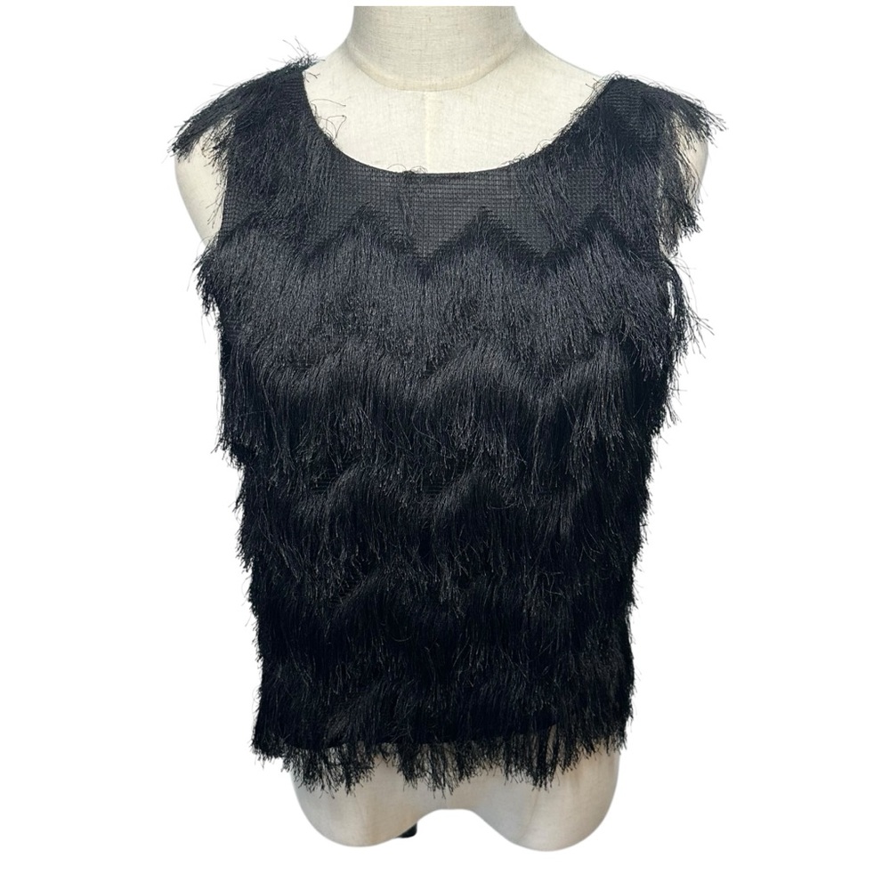 ZARA BASICS Women's Black Fringe Crewneck Pullover‎ Tank Top Cropped Sz S